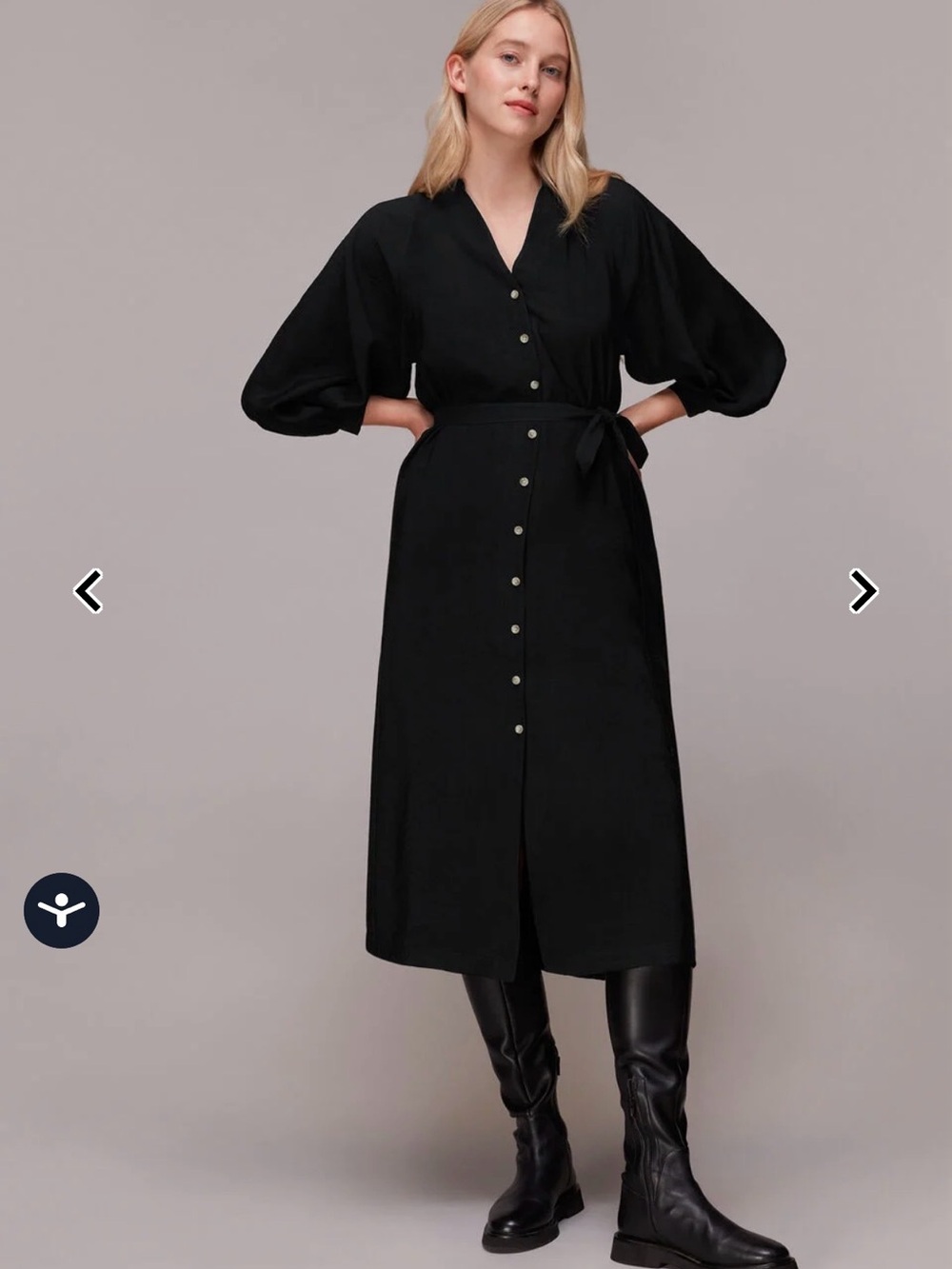 Whistles Lizzie Black Button Midi Dress EcoVero US 6 UK 10 with belt